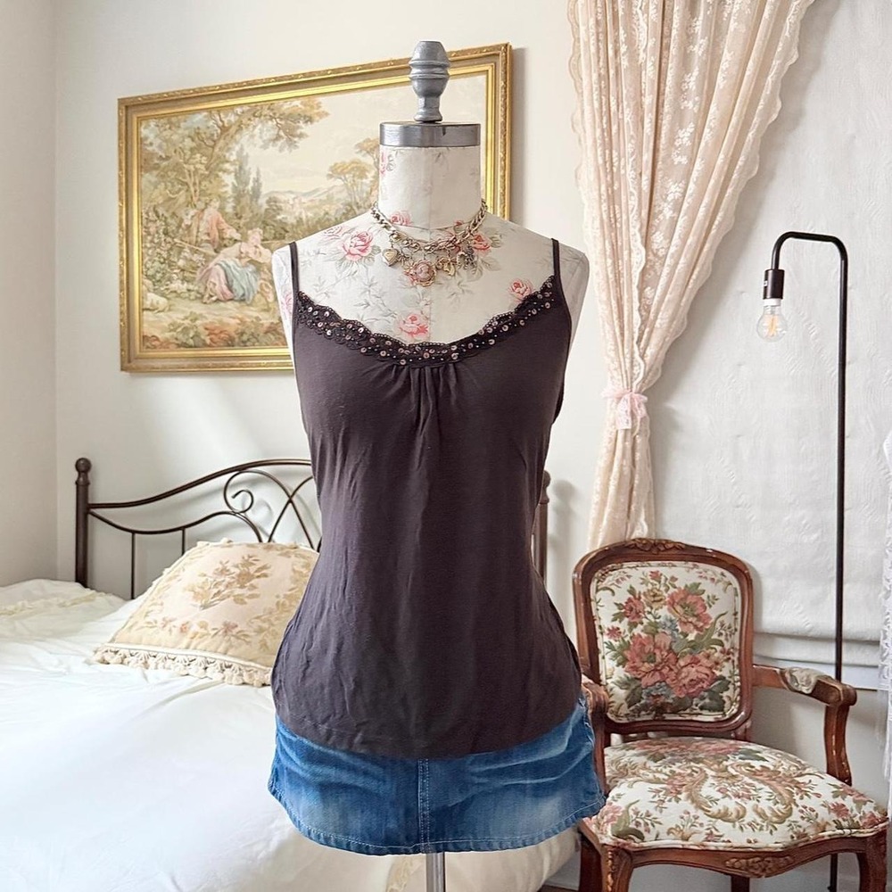 Y2K Ann Taylor LOFT chocolate brown sequin trim camisole